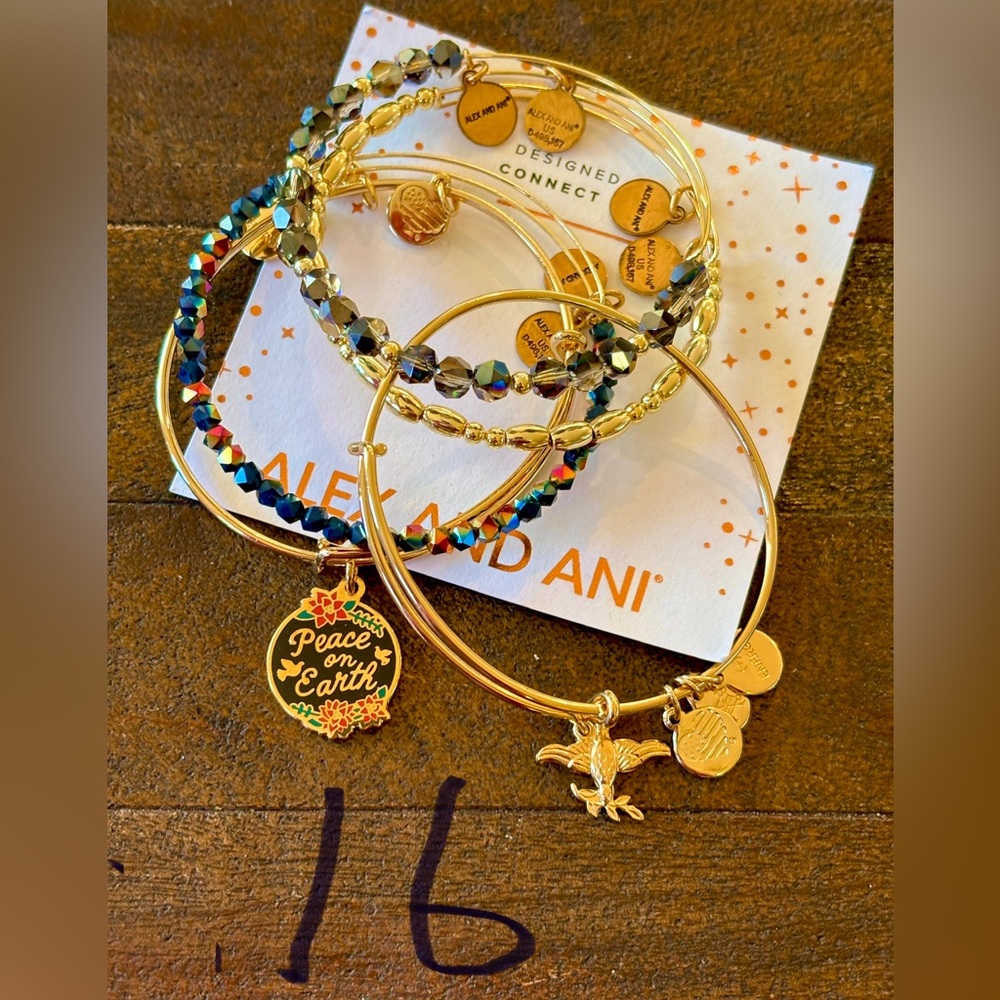 Alex and Ani Gold Tone Stackable Charm Bangle Set with Multicolor Beads